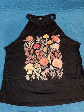SHEIN Black Halter Tank with Peach & Pink Floral Print